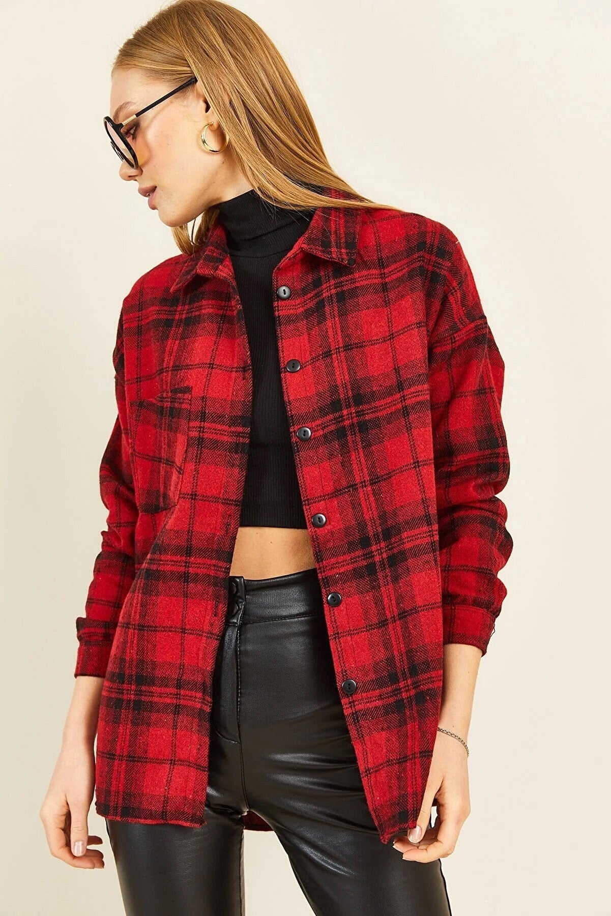 Long Sleeve Buffalo Plaid Flannel Blouse