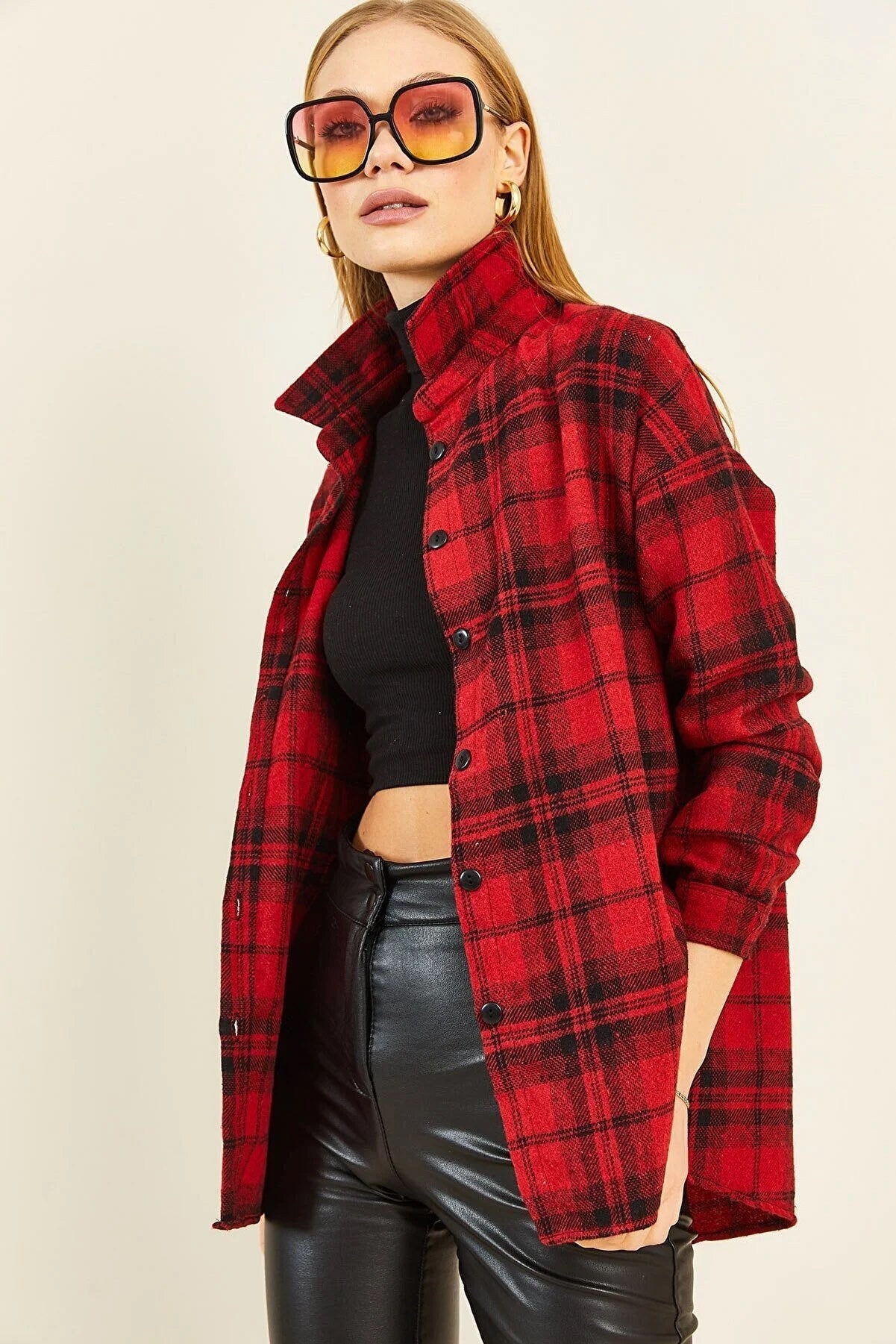 Long Sleeve Buffalo Plaid Flannel Blouse