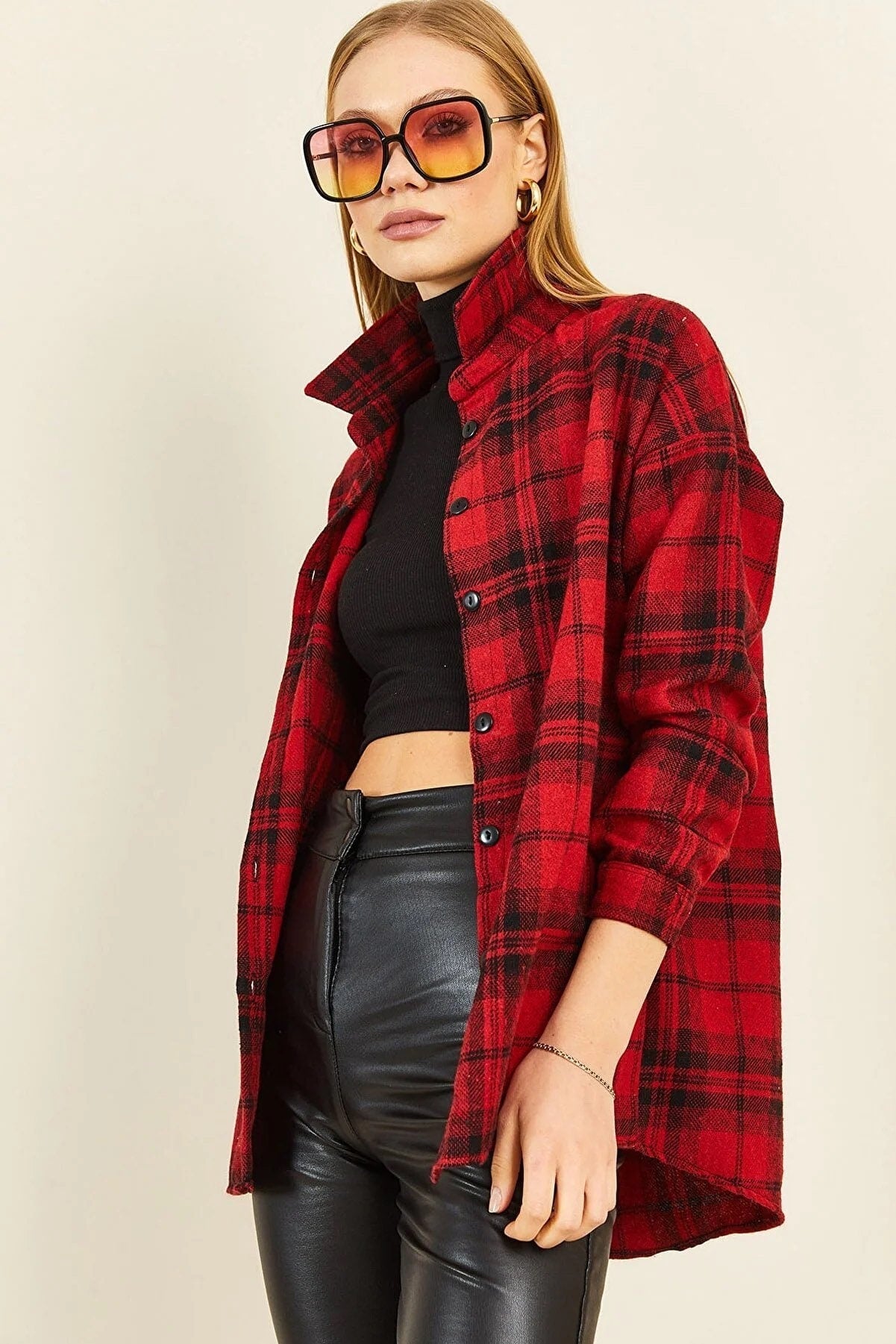 Long Sleeve Buffalo Plaid Flannel Blouse