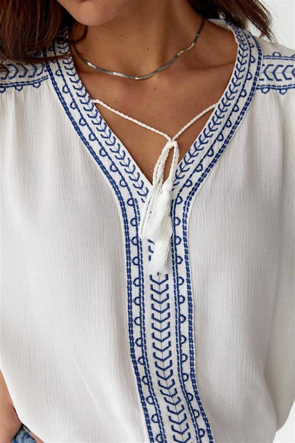 Blue Embroidered Minimalist White Blouse