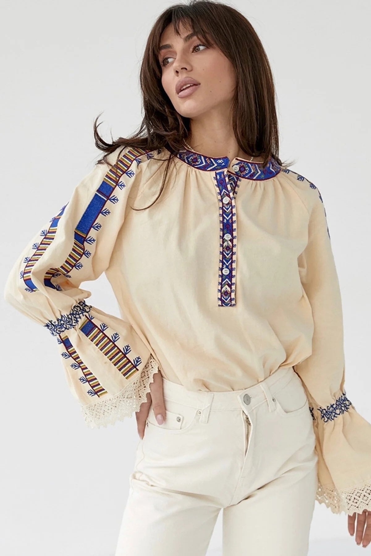 Ethnic Blue Embroidered Angel Sleeve Cotton Blouse