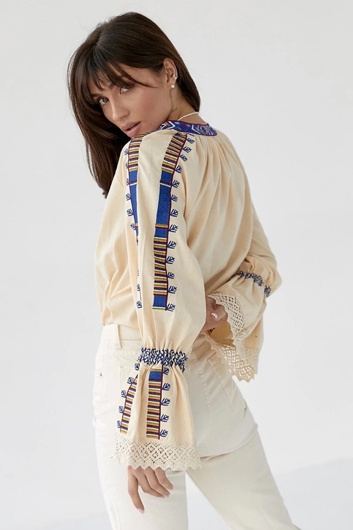 Ethnic Blue Embroidered Angel Sleeve Cotton Blouse