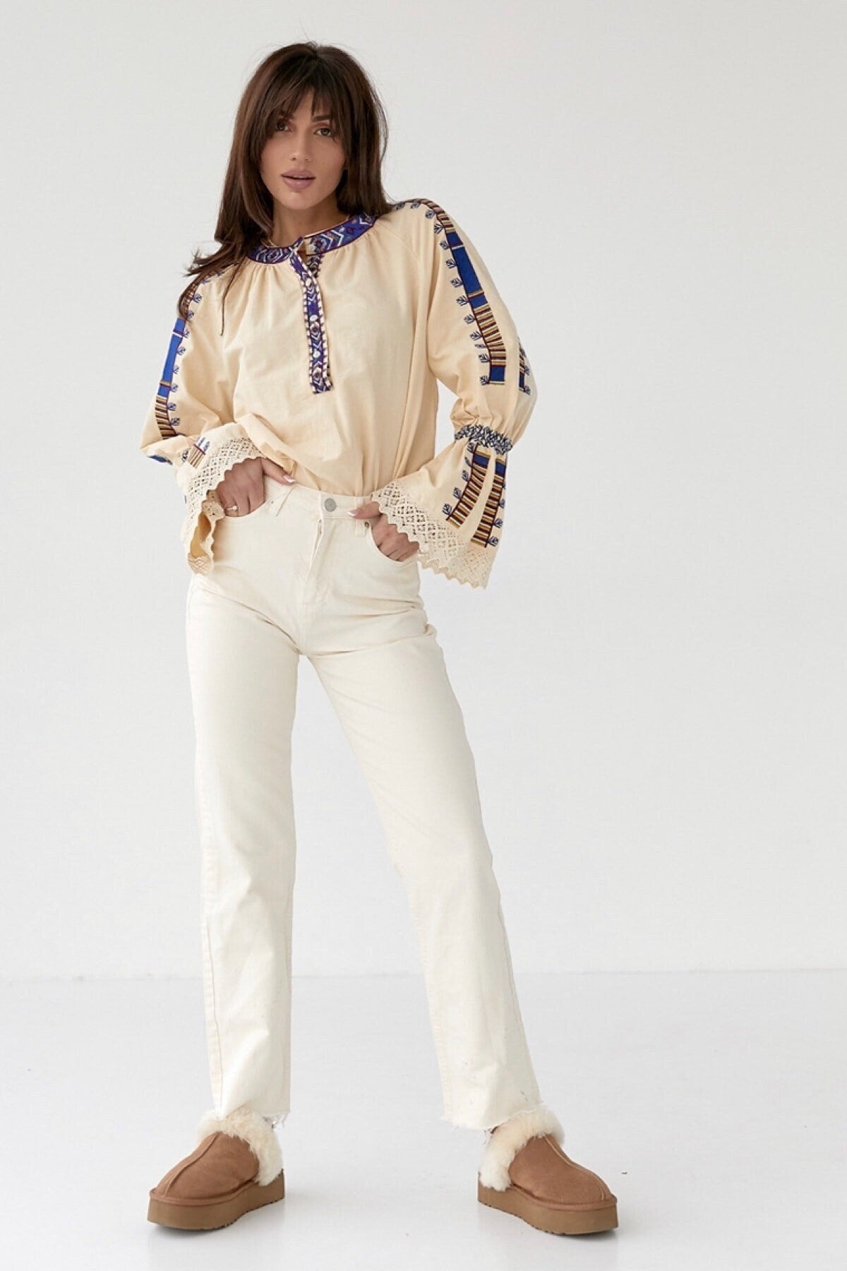 Ethnic Blue Embroidered Angel Sleeve Cotton Blouse