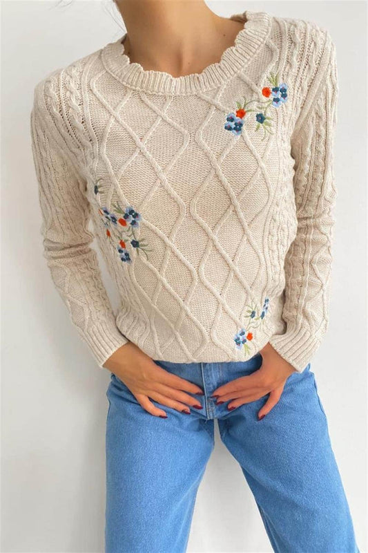 Floral Embroidered Beige Knitted Sweater