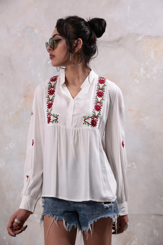 Red Floral Embroidered Cotton Blouse