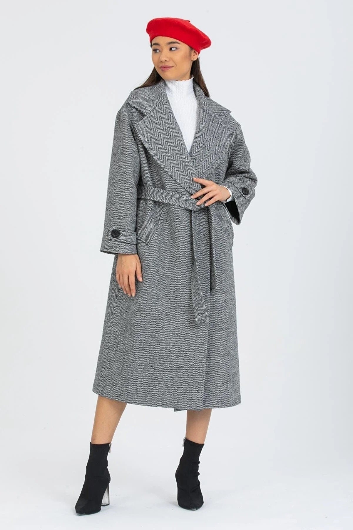 Gray Oversized Long Solid Wool Coat