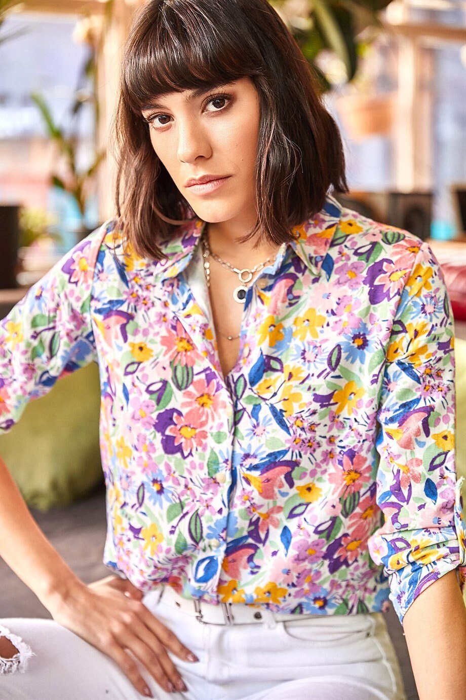 Pink Floral Colorful Button Down Blouse