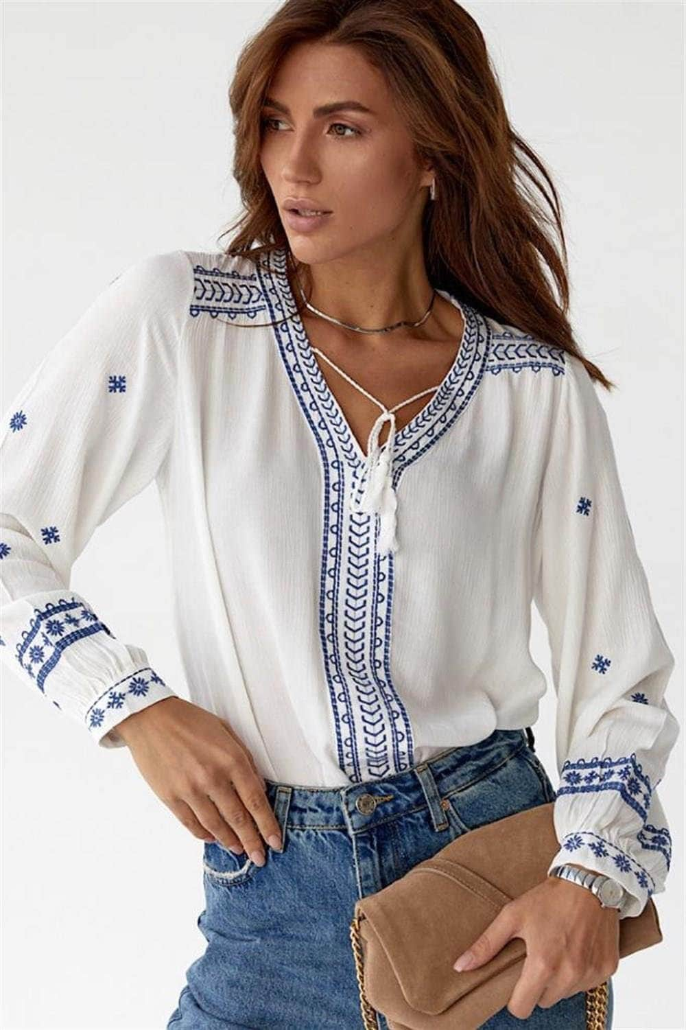 Blue Embroidered Minimalist White Blouse