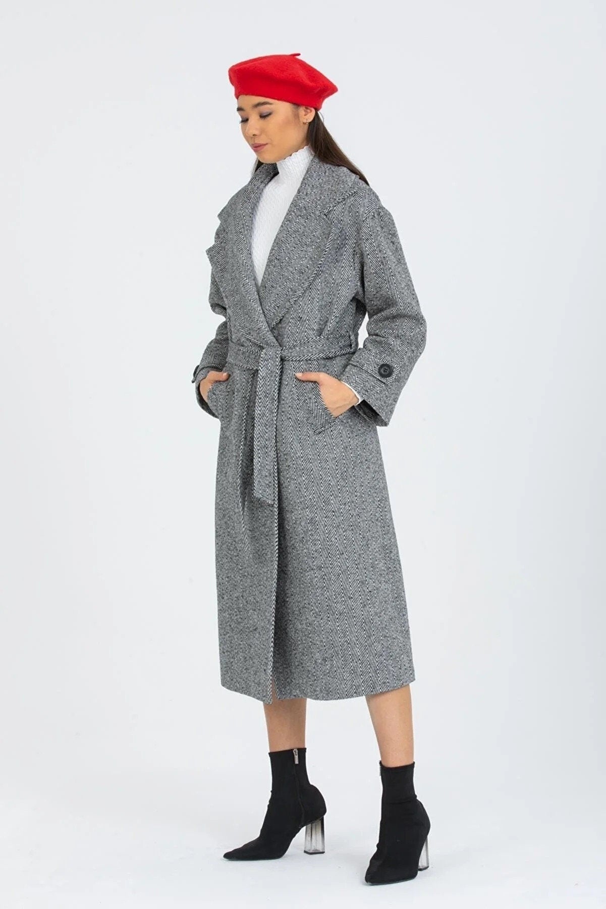 Gray Oversized Long Solid Wool Coat