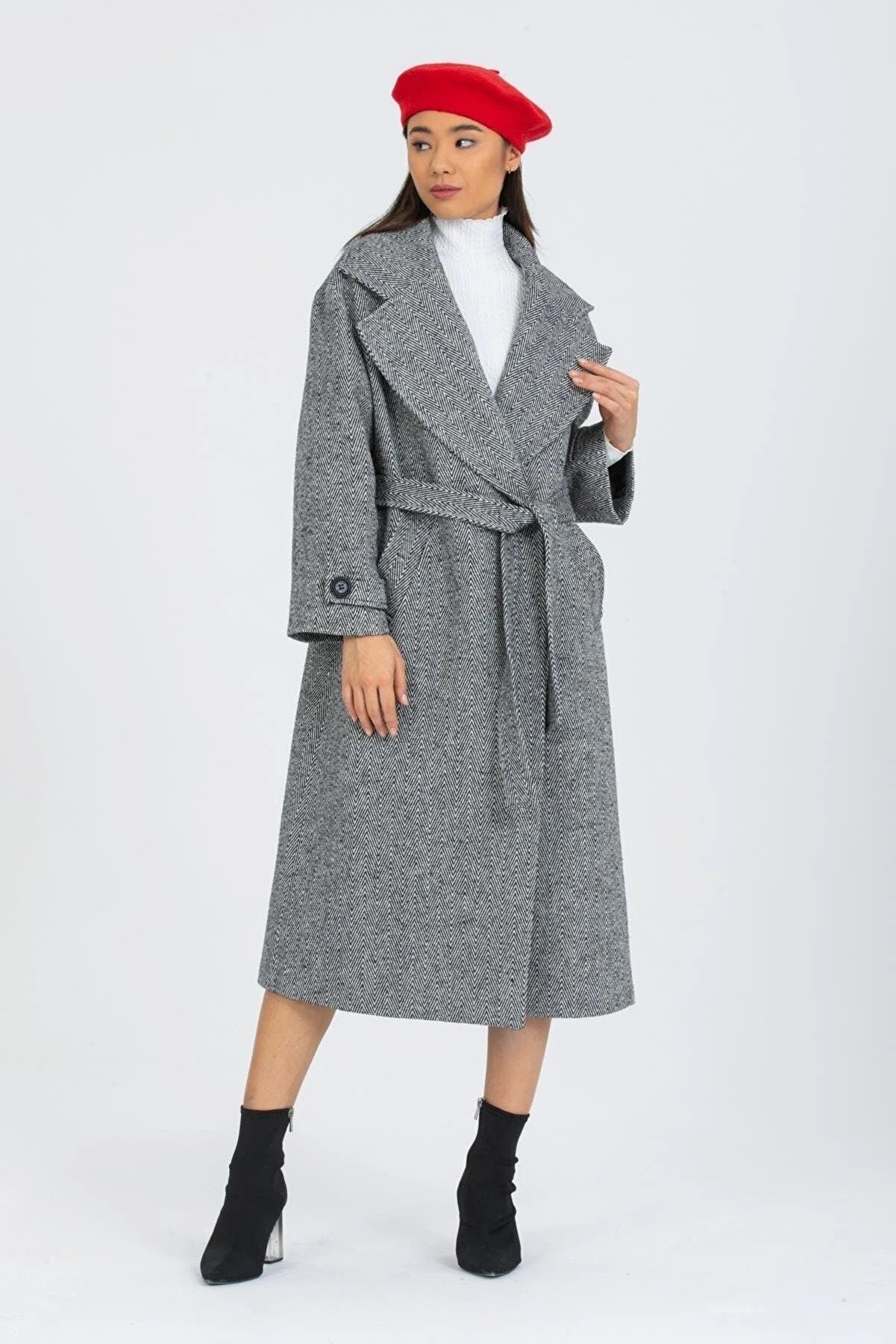 Gray Oversized Long Solid Wool Coat