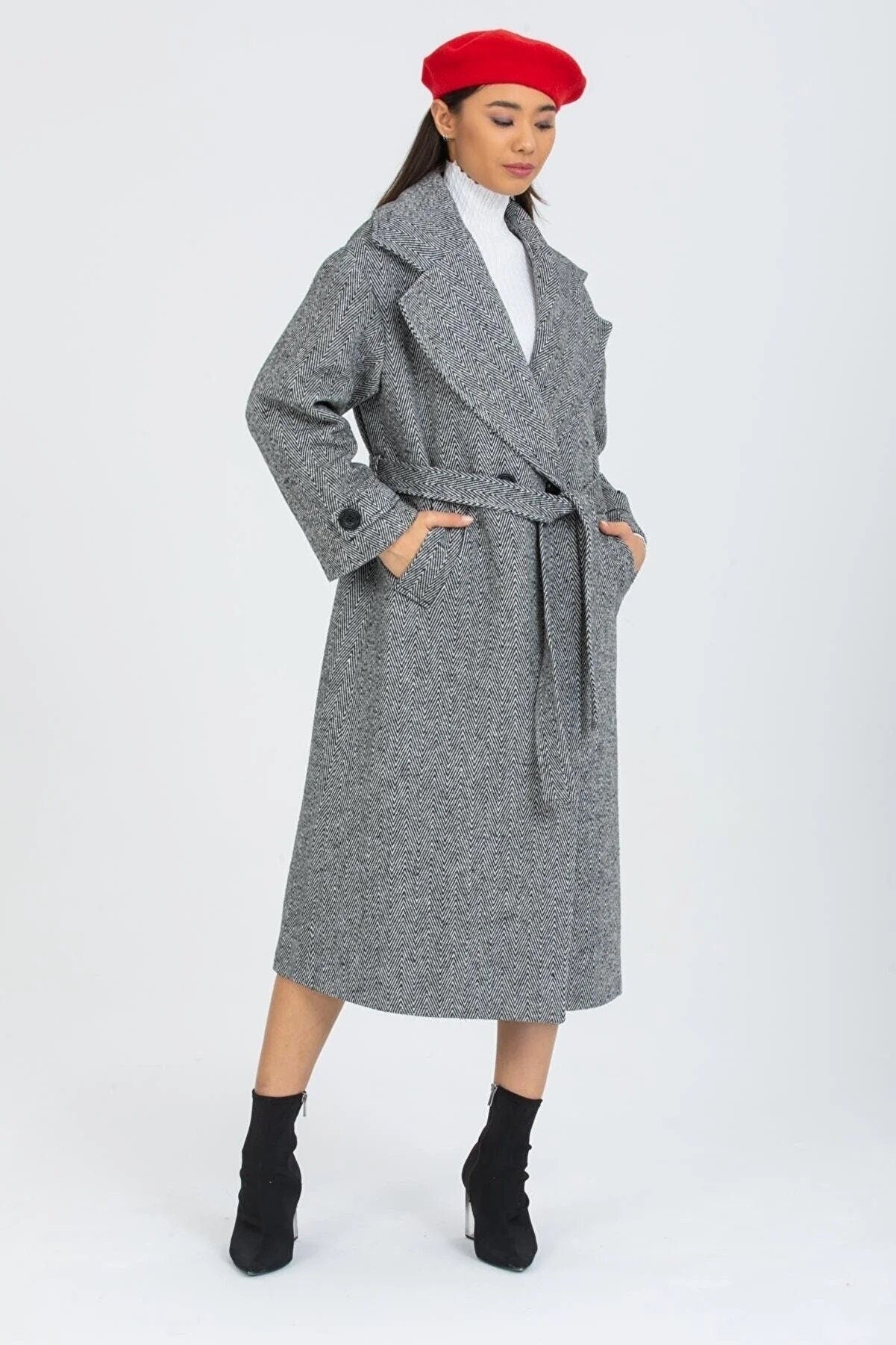 Gray Oversized Long Solid Wool Coat