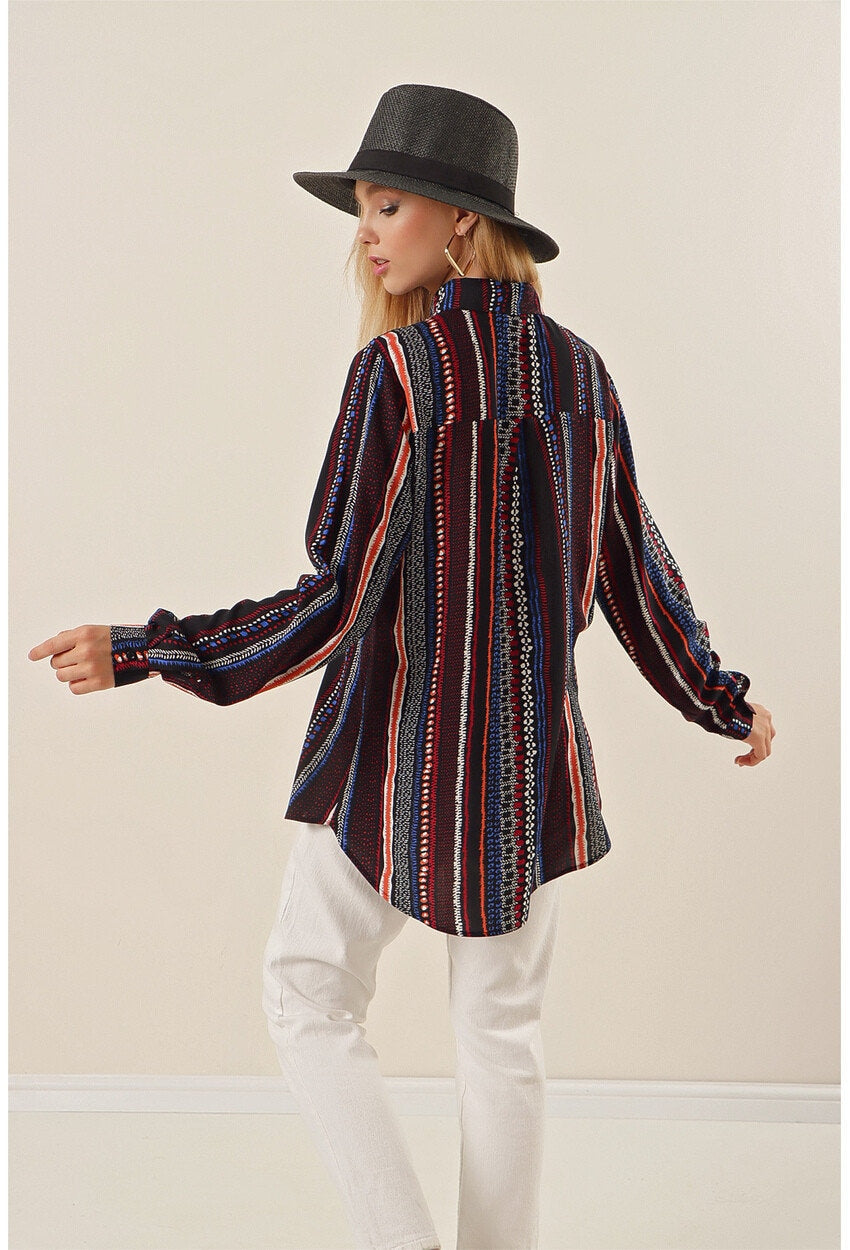 Ethnic Navy Burgundy Striped Blouse