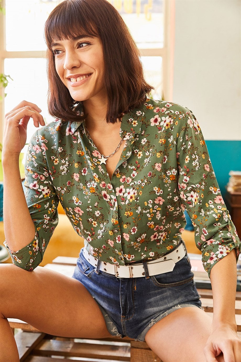 Green Floral Button Down Shirt