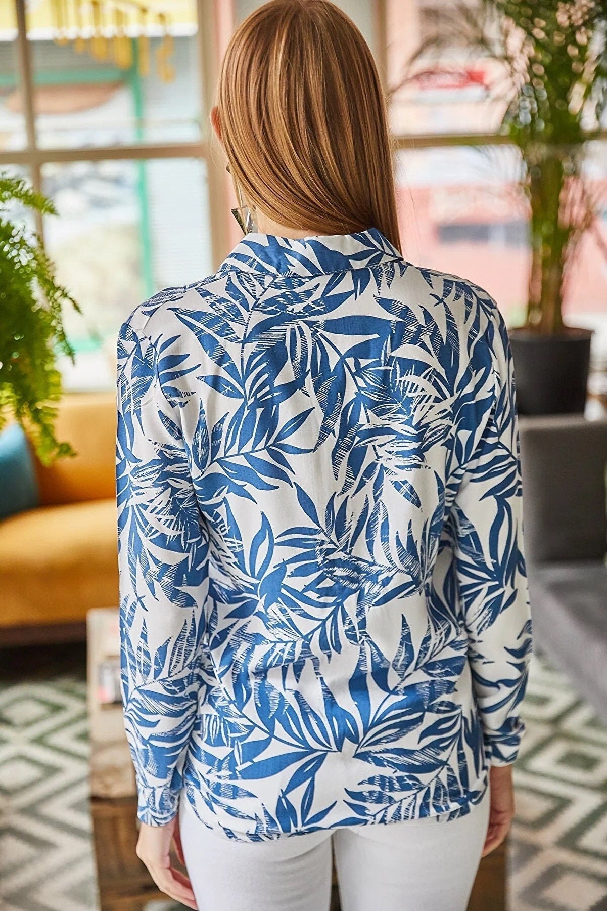 Blue Leaf Print Button Down Blouse