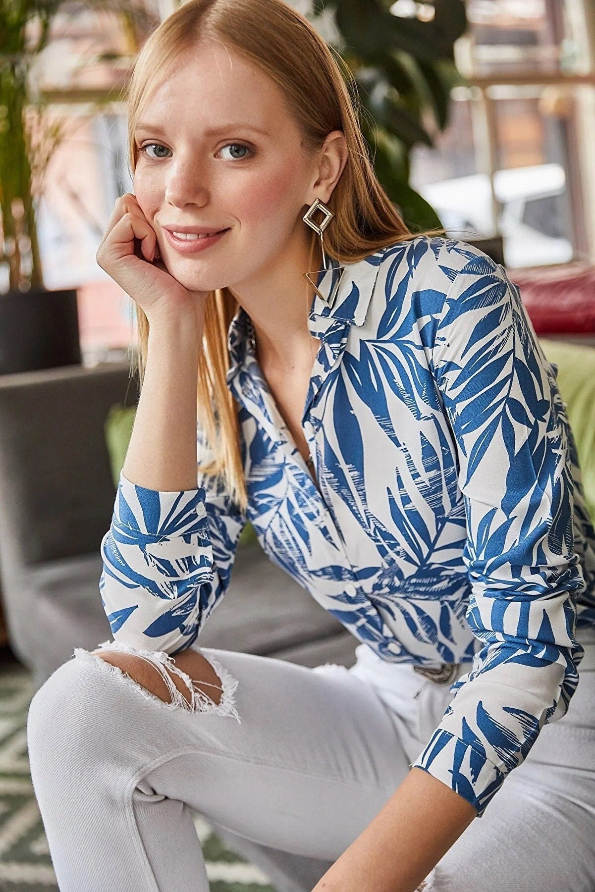 Blue Leaf Print Button Down Blouse