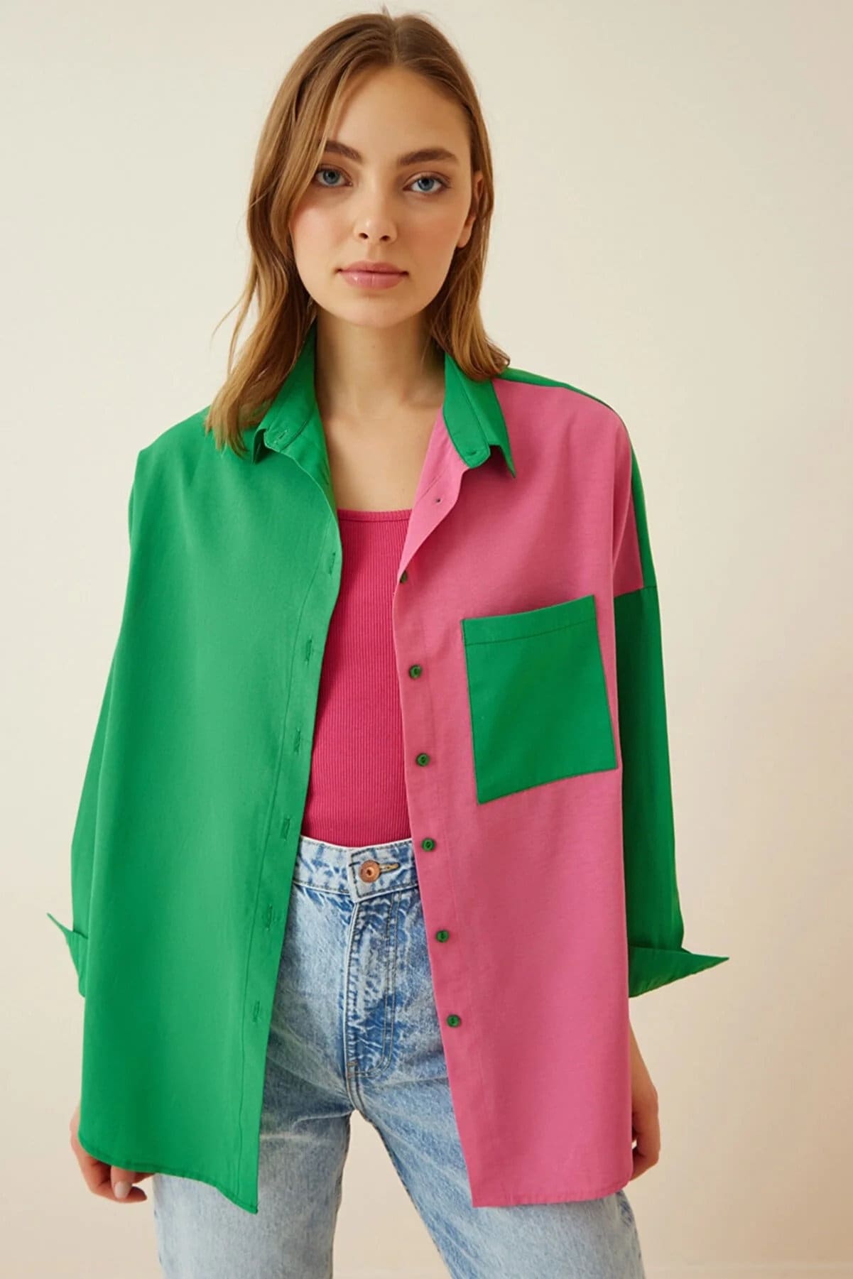 Colorblock Cotton Blend Button Down Shirt