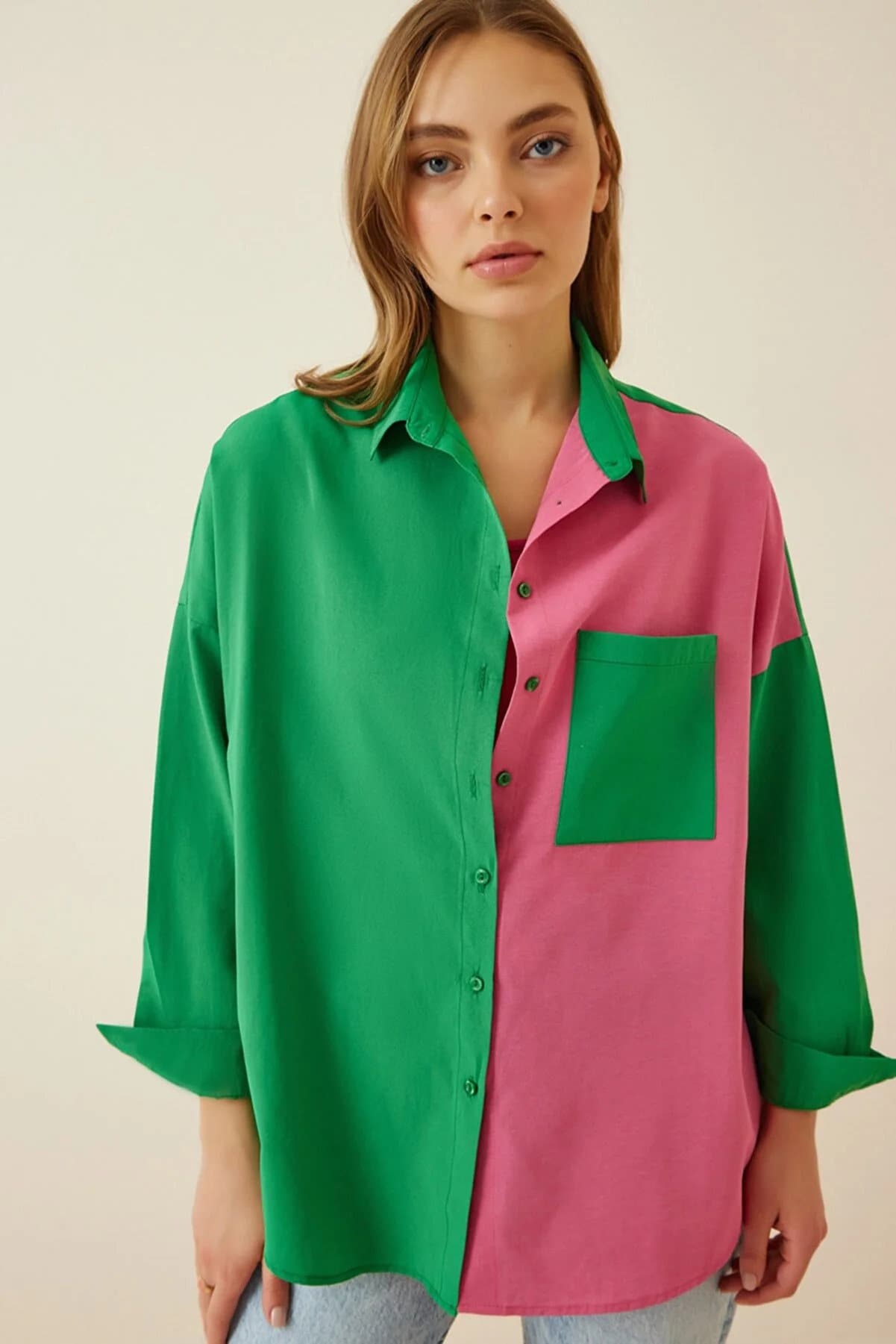 Colorblock Cotton Blend Button Down Shirt