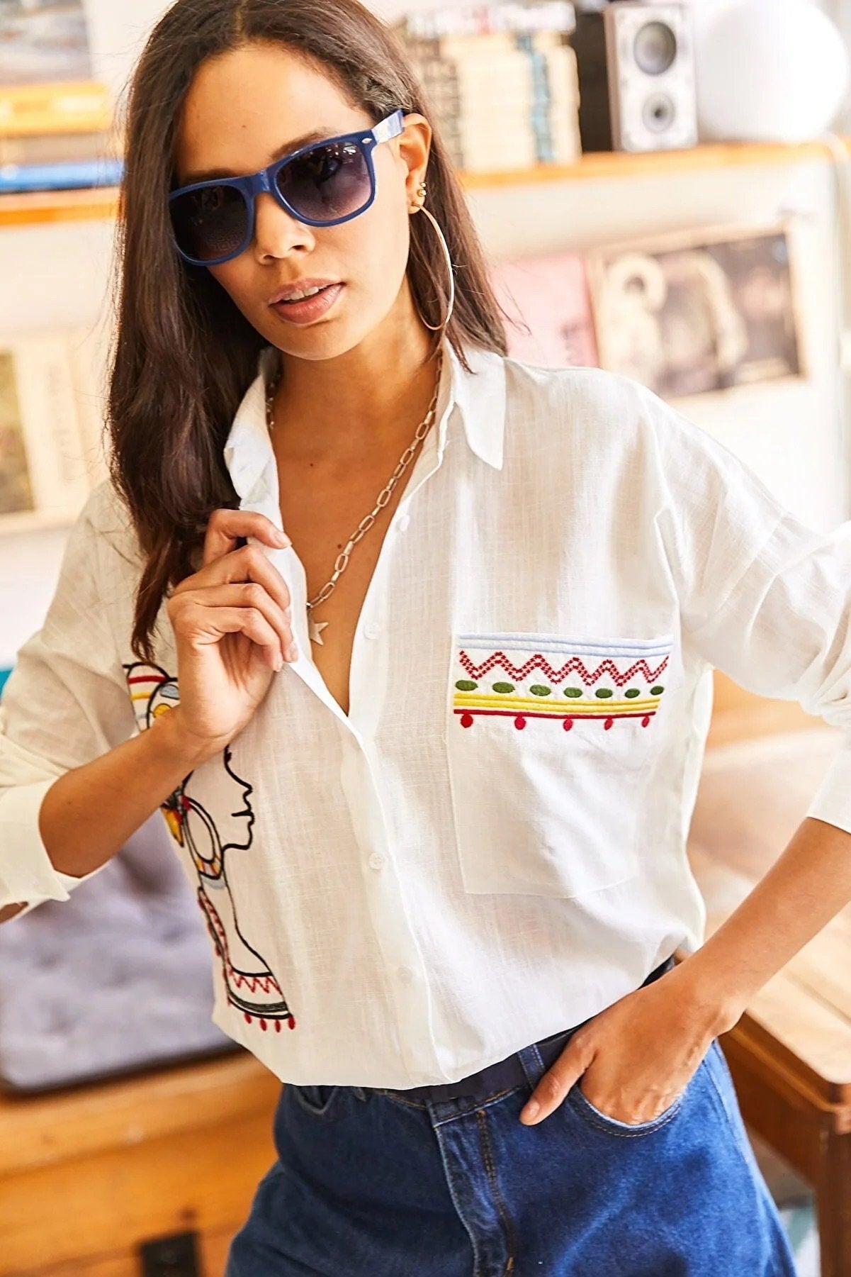 Ethnic Face Embroidered Linen Blouse