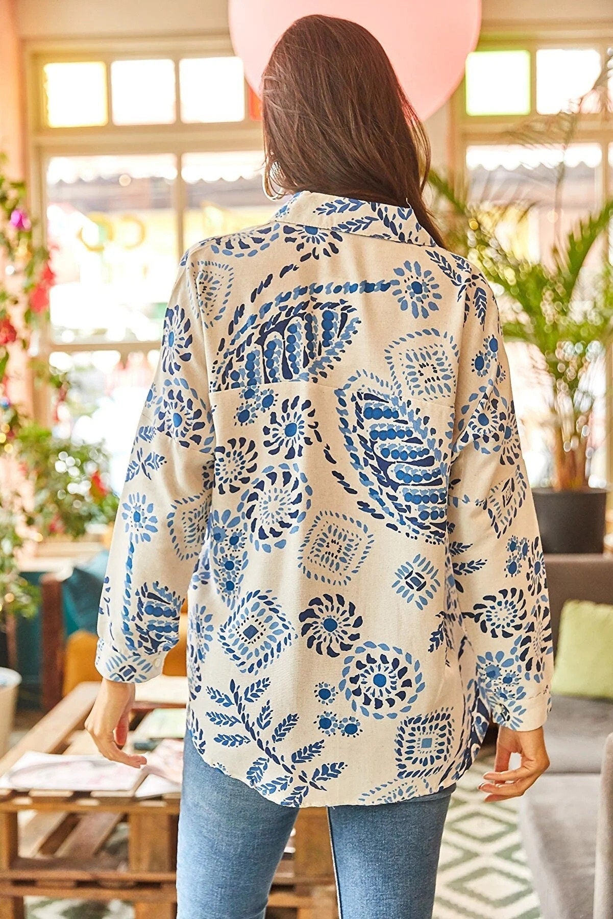 Blue Floral Print Linen Blend Button Down Blouse