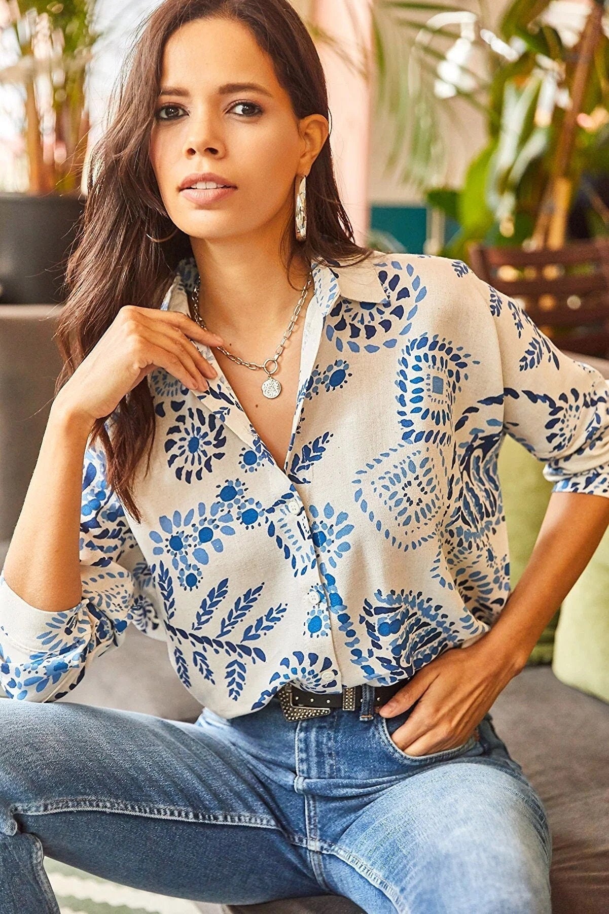 Blue Floral Print Linen Blend Button Down Blouse