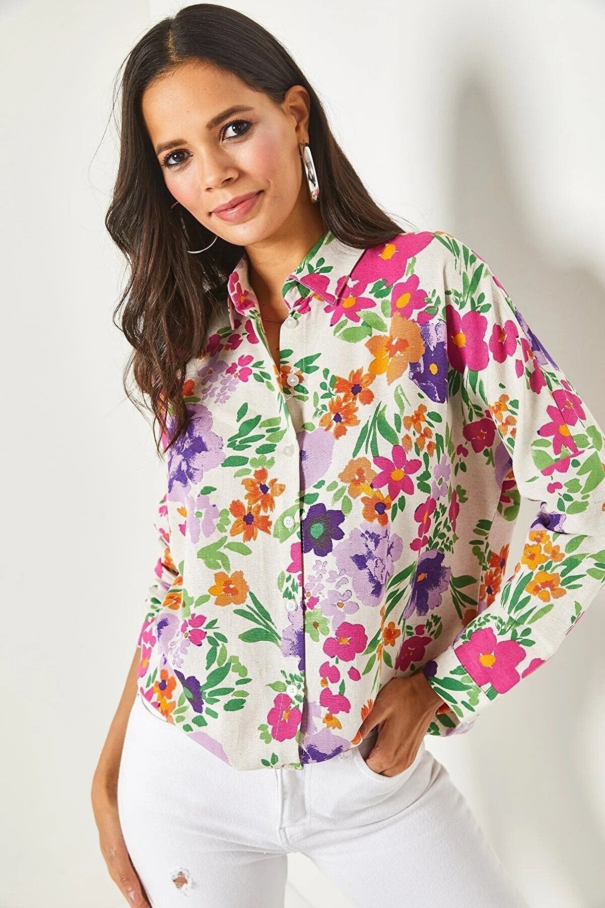 Pink Floral Print Linen Blend Button Down Blouse