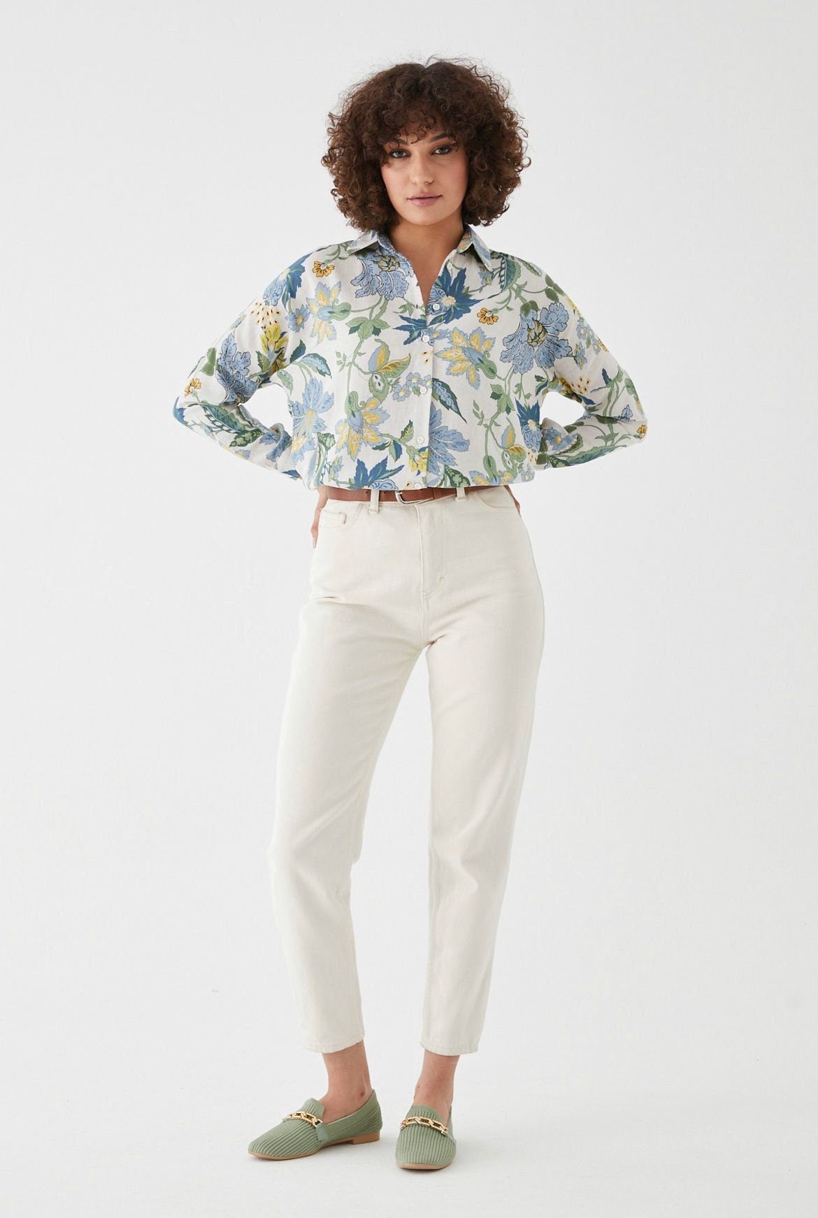 Blue Green Floral Linen Blouse