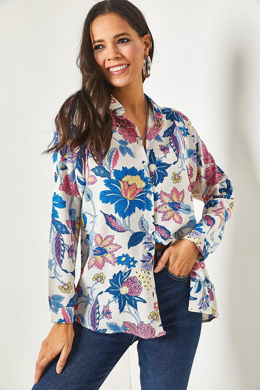 Lotus Floral Print Linen Blouse