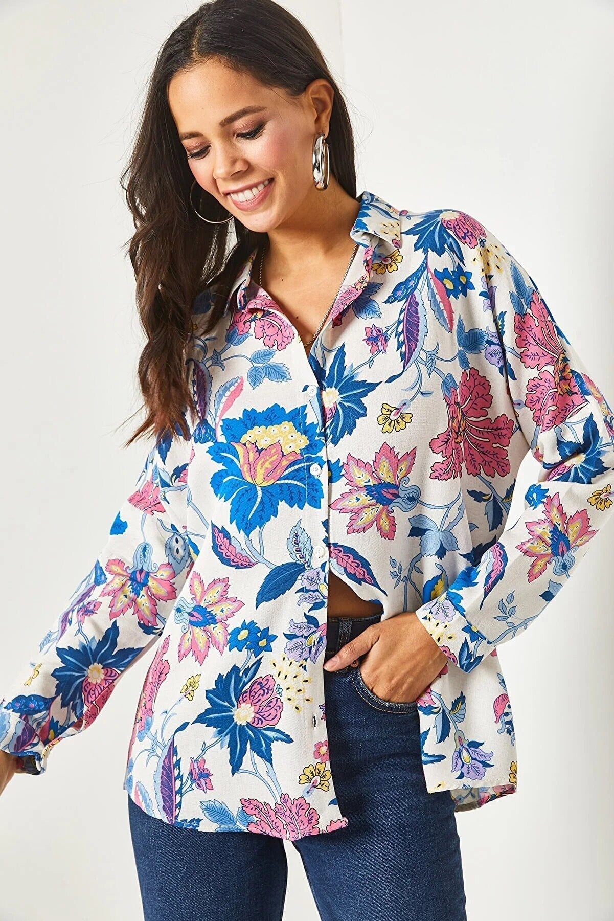 Lotus Floral Print Linen Blouse