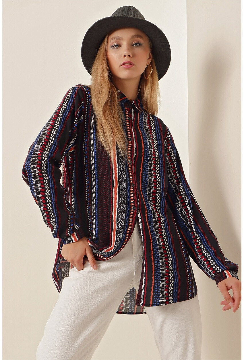 Ethnic Navy Burgundy Striped Blouse