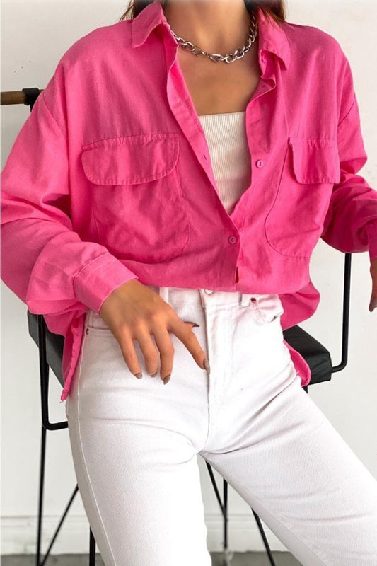 Linen Cotton Pink Blouse with Pockets