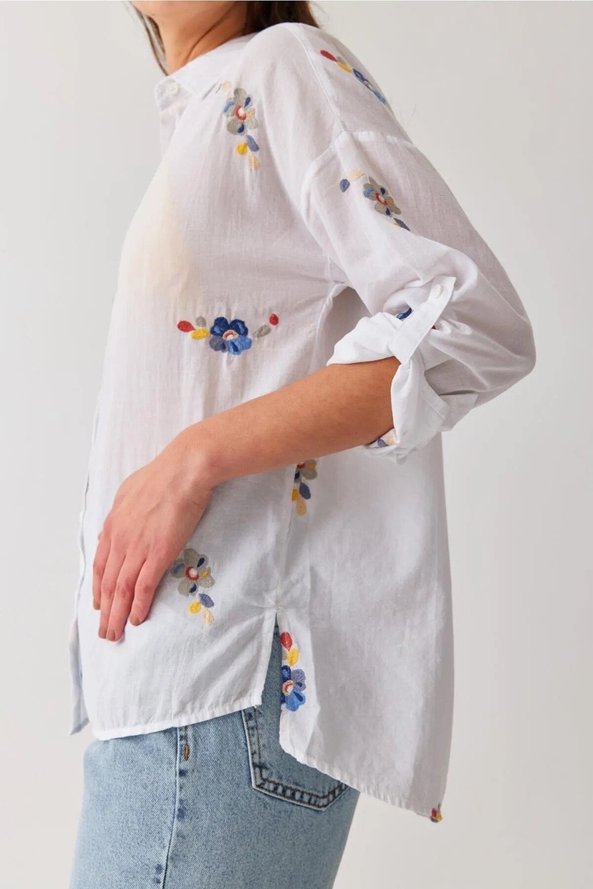 Floral Embroidered White 100% Cotton Blouse