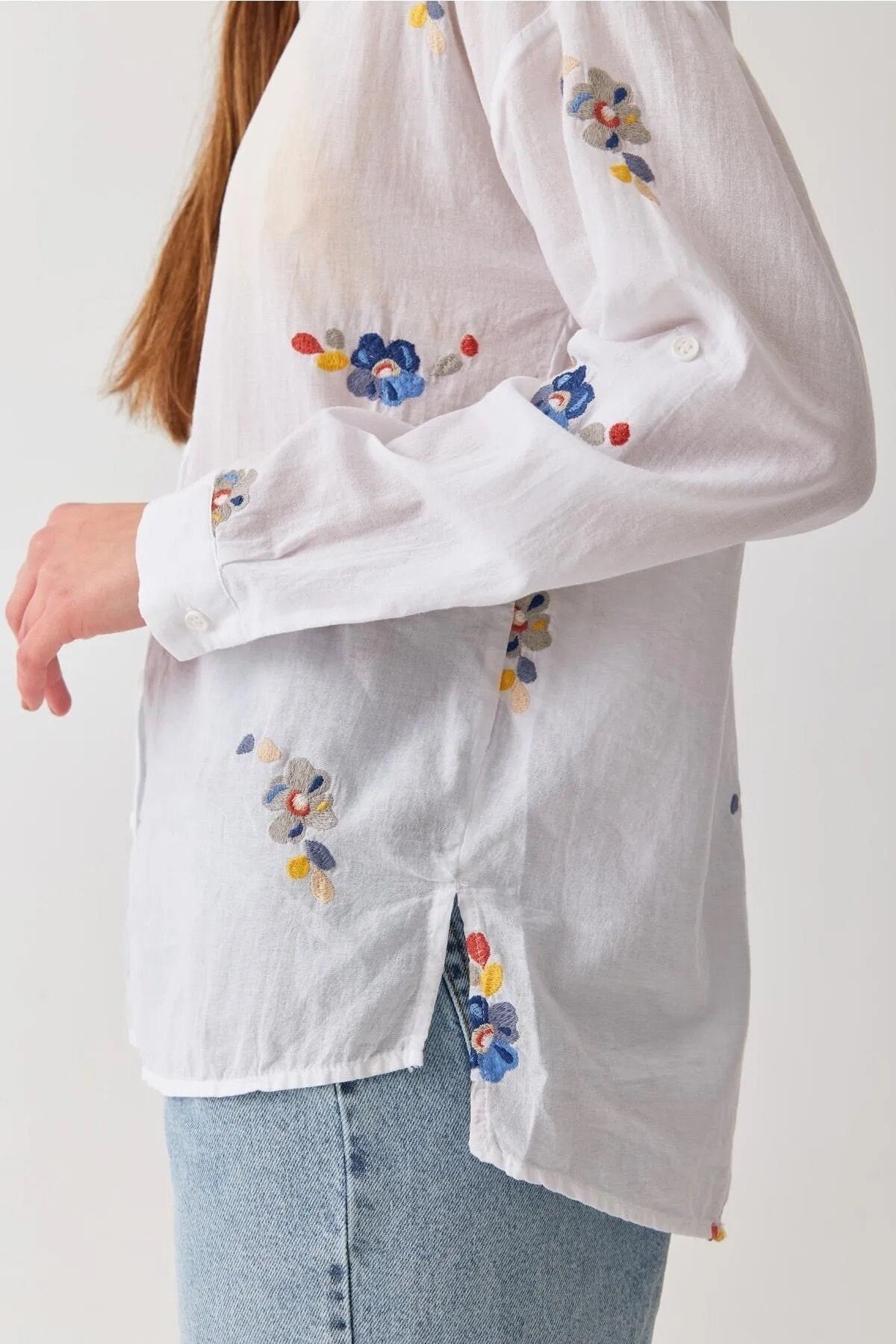 Floral Embroidered White 100% Cotton Blouse