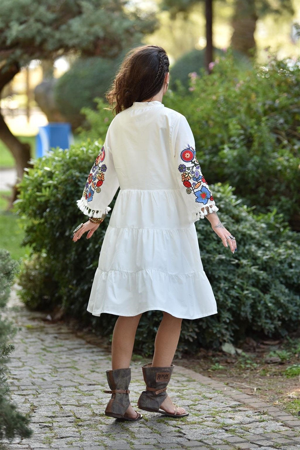 White Floral Embroidered Dress