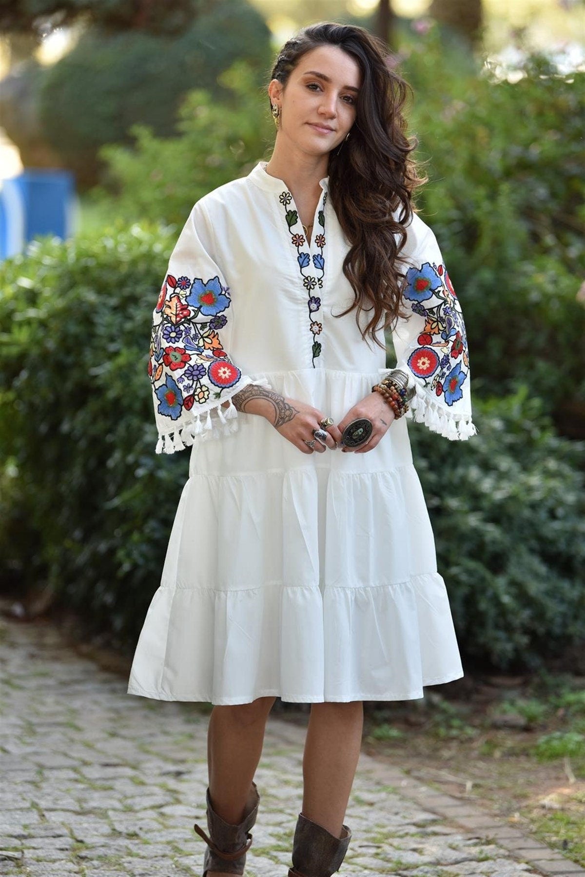 White Floral Embroidered Dress