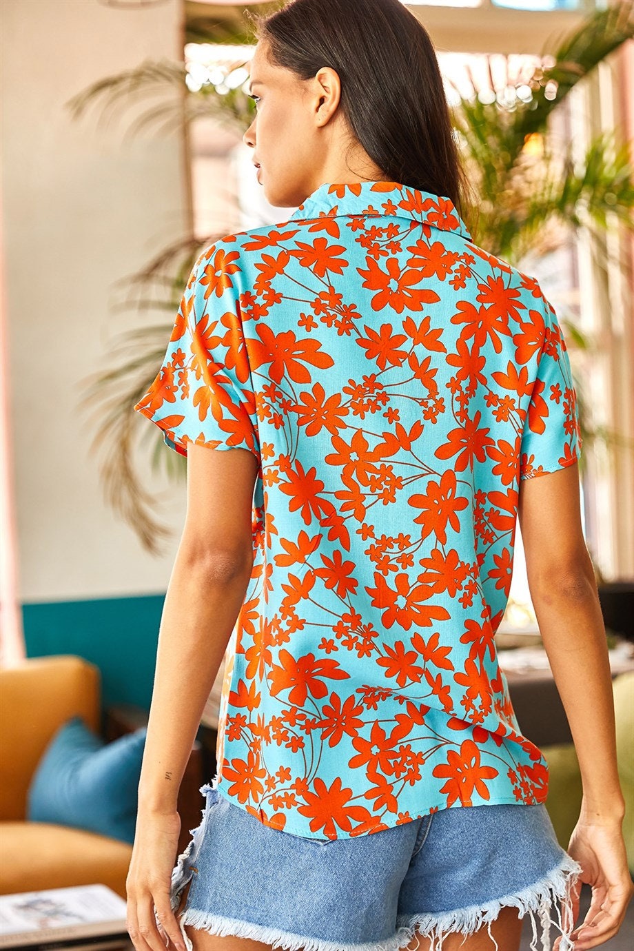 Orange Blue Floral Short Sleeve Blouse