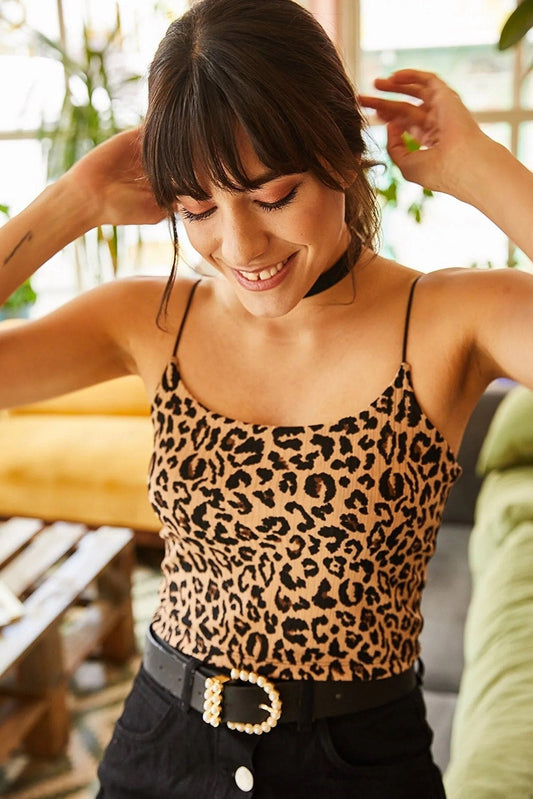 Stretchy Leopard Strappy Ribbed Crop Top