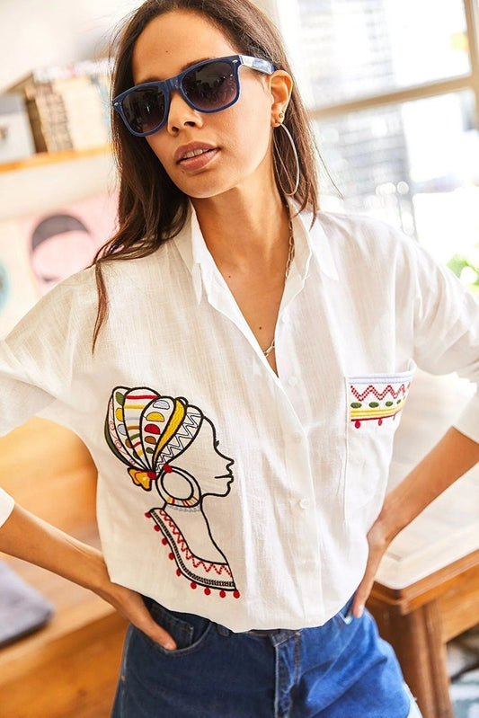 Ethnic Face Embroidered Linen Blouse