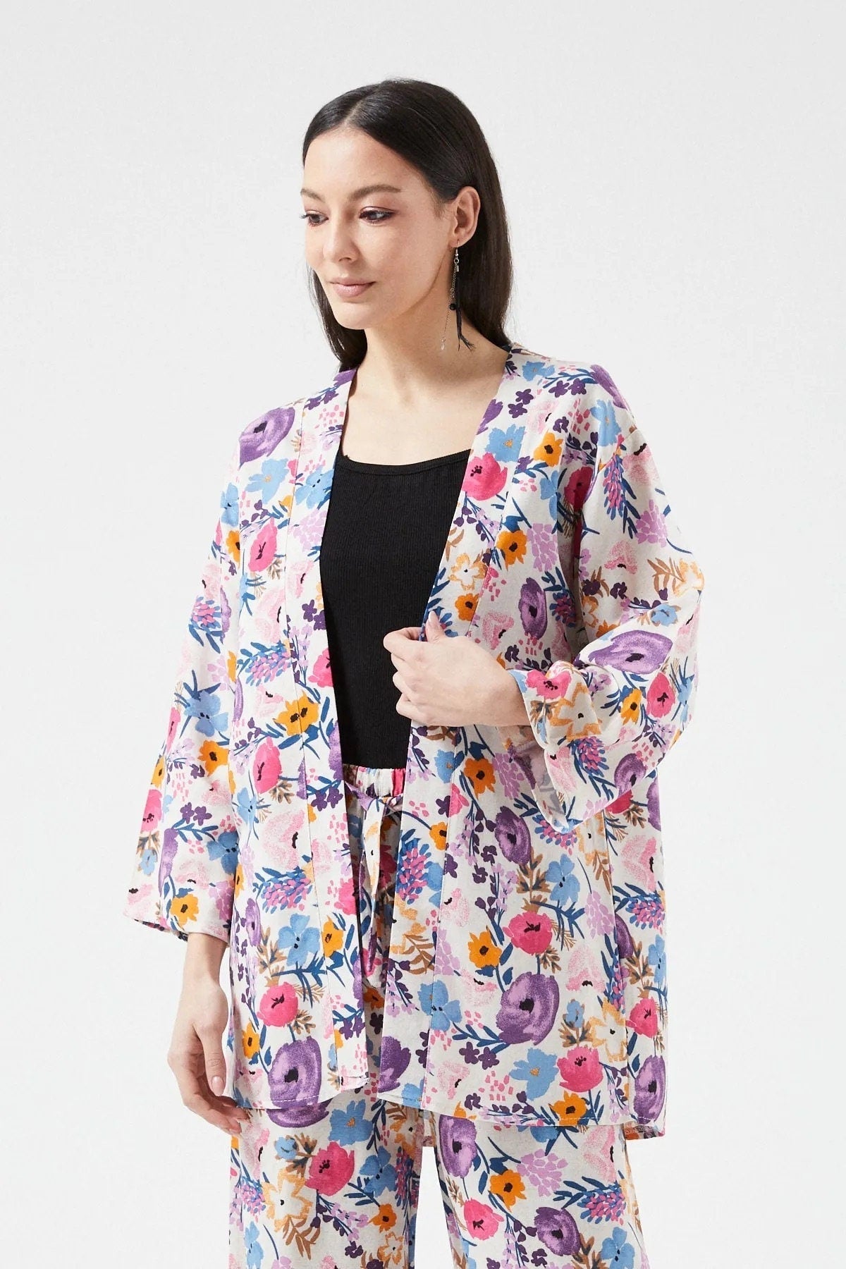 Colorful Floral Print Linen Kimono Swim Cover Up
