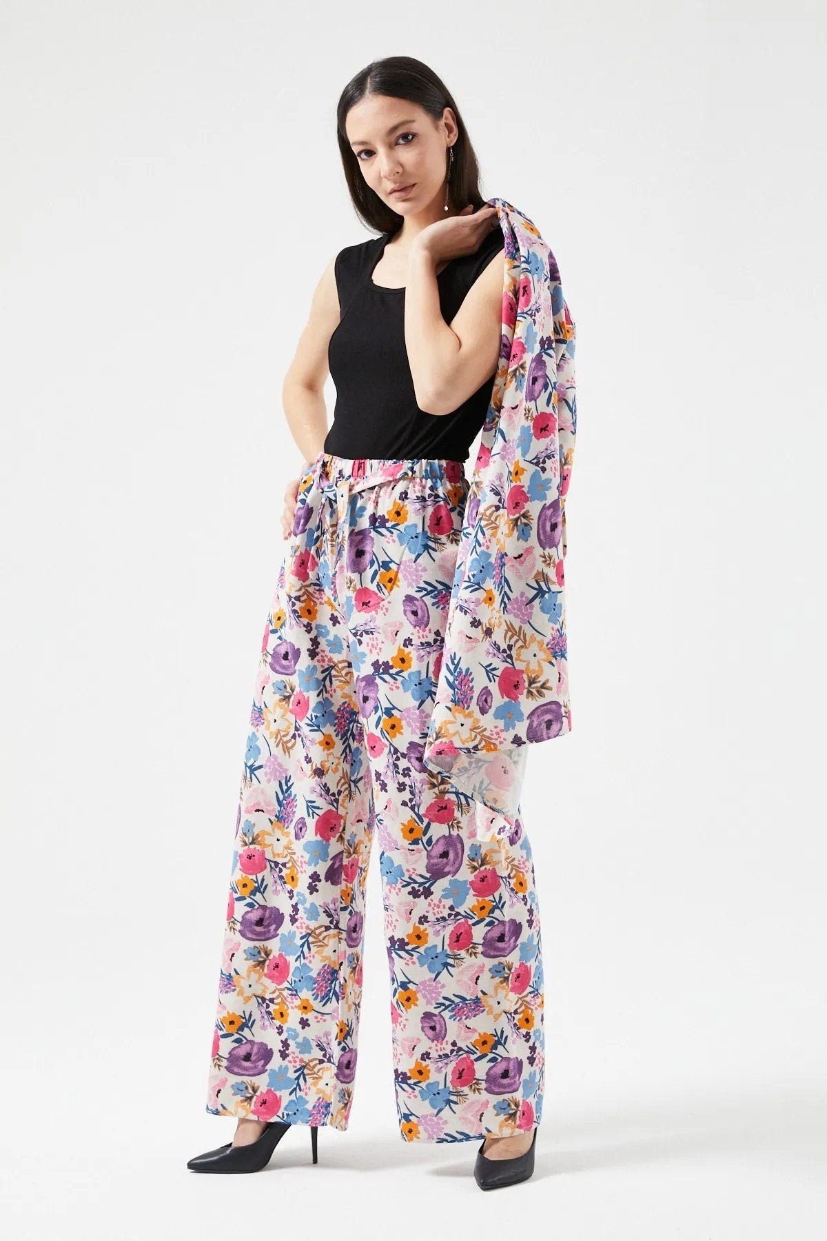 Colorful Purple Floral Print Linen Kimono