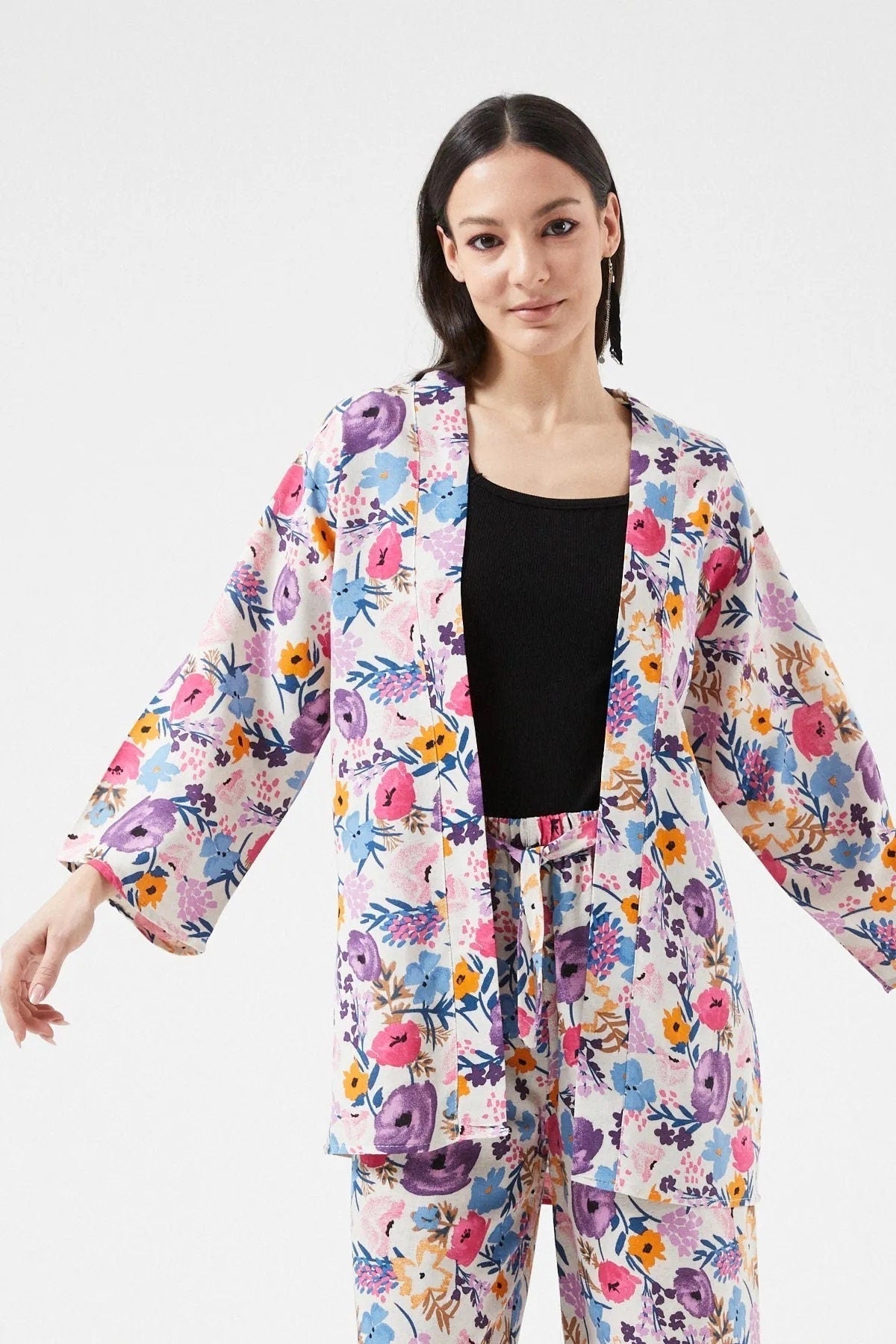 Colorful Purple Floral Print Linen Kimono