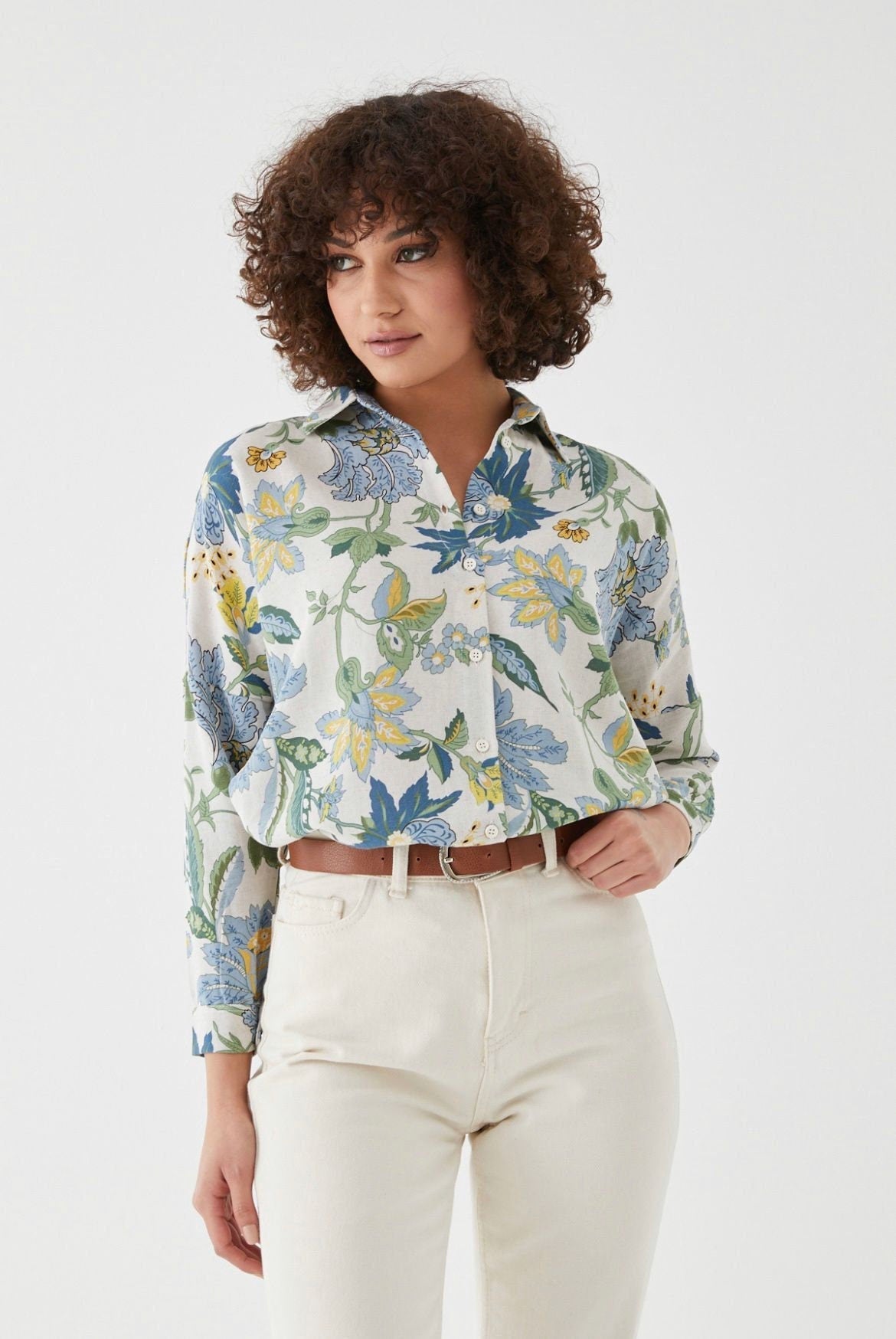 Blue Green Floral Linen Blouse