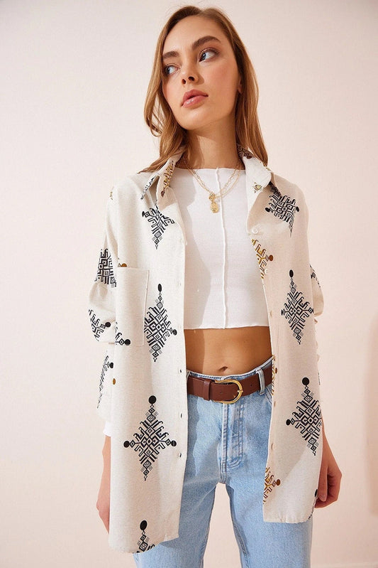 Geometric Print Linen Blouse