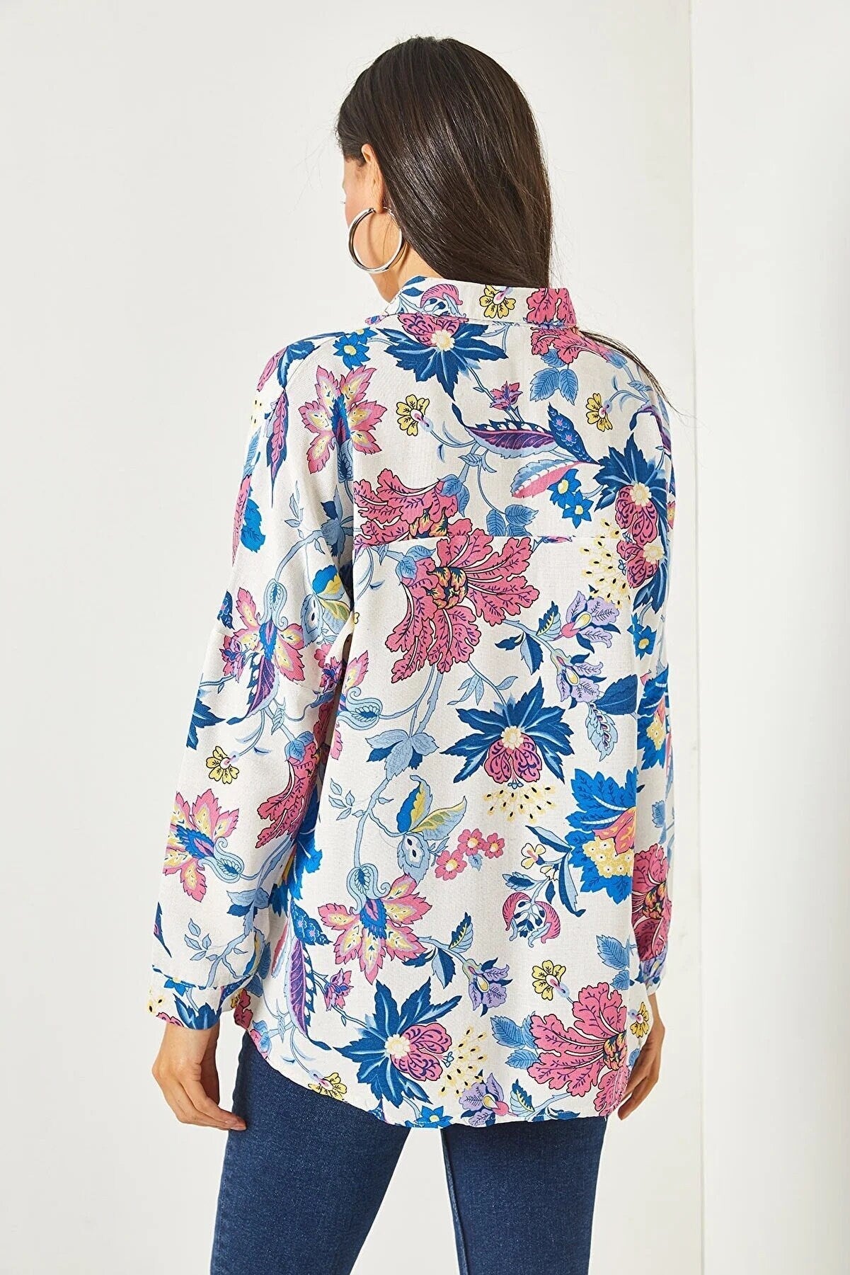 Lotus Floral Print Linen Blouse