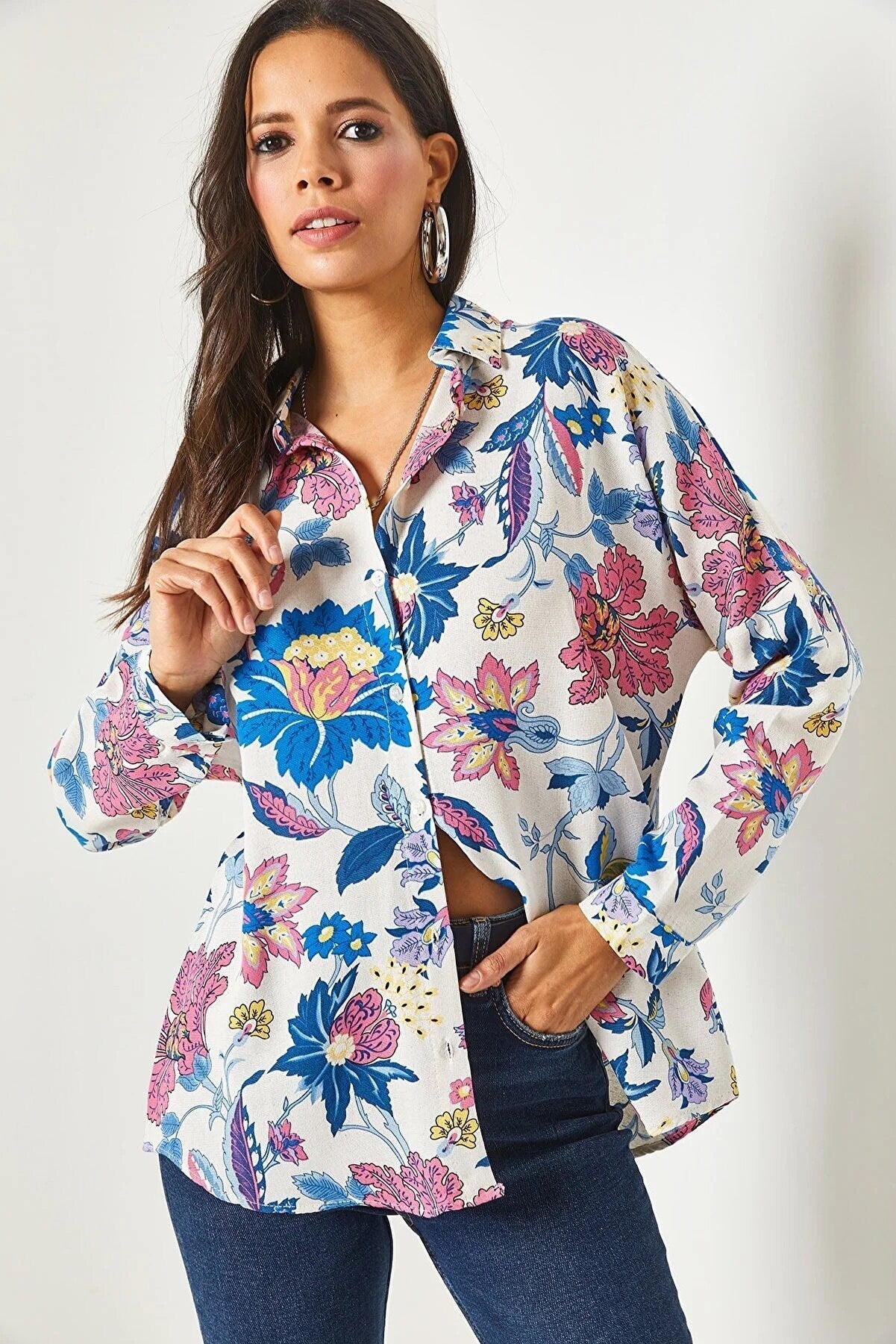 Lotus Floral Print Linen Blouse