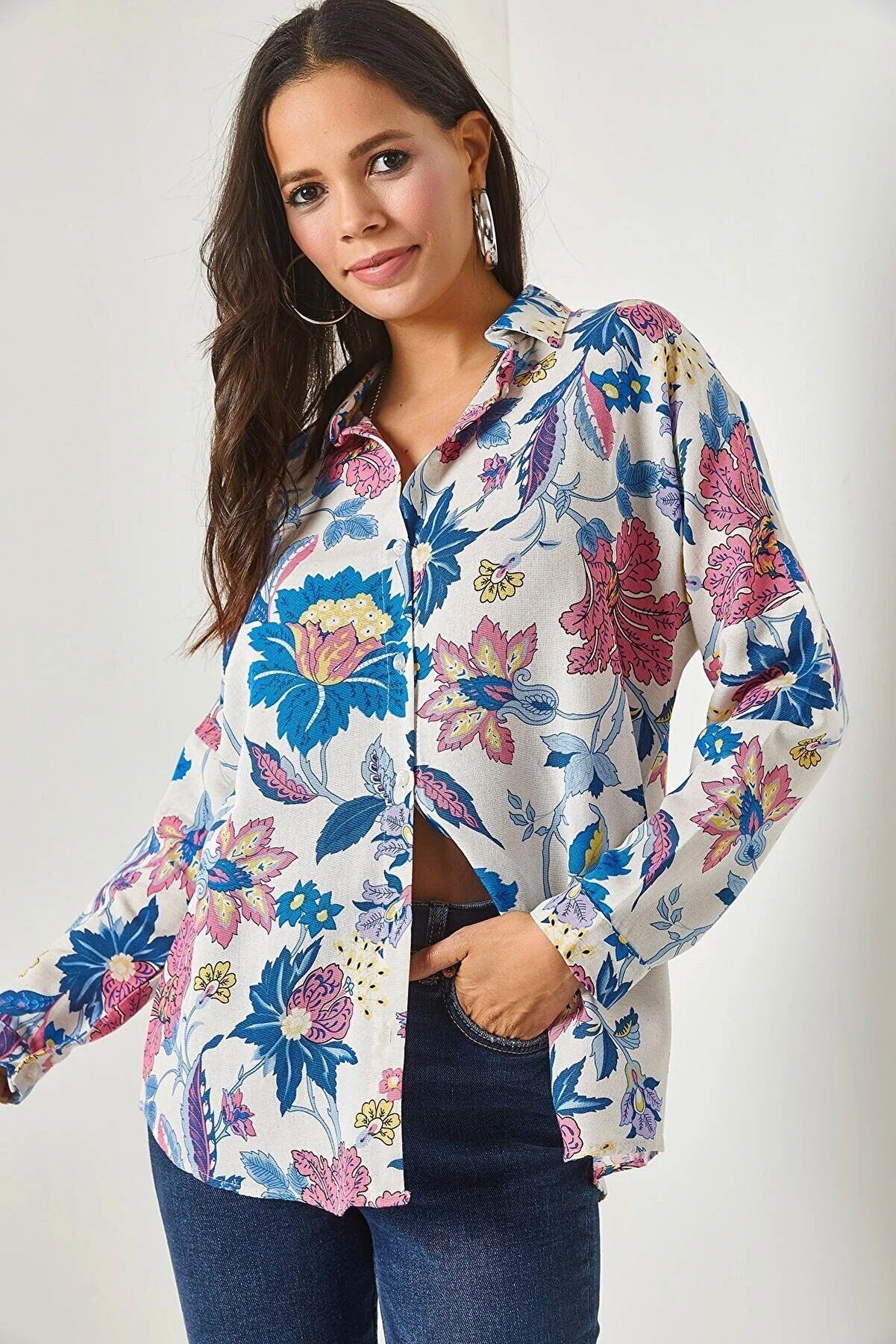 Lotus Floral Print Linen Blouse