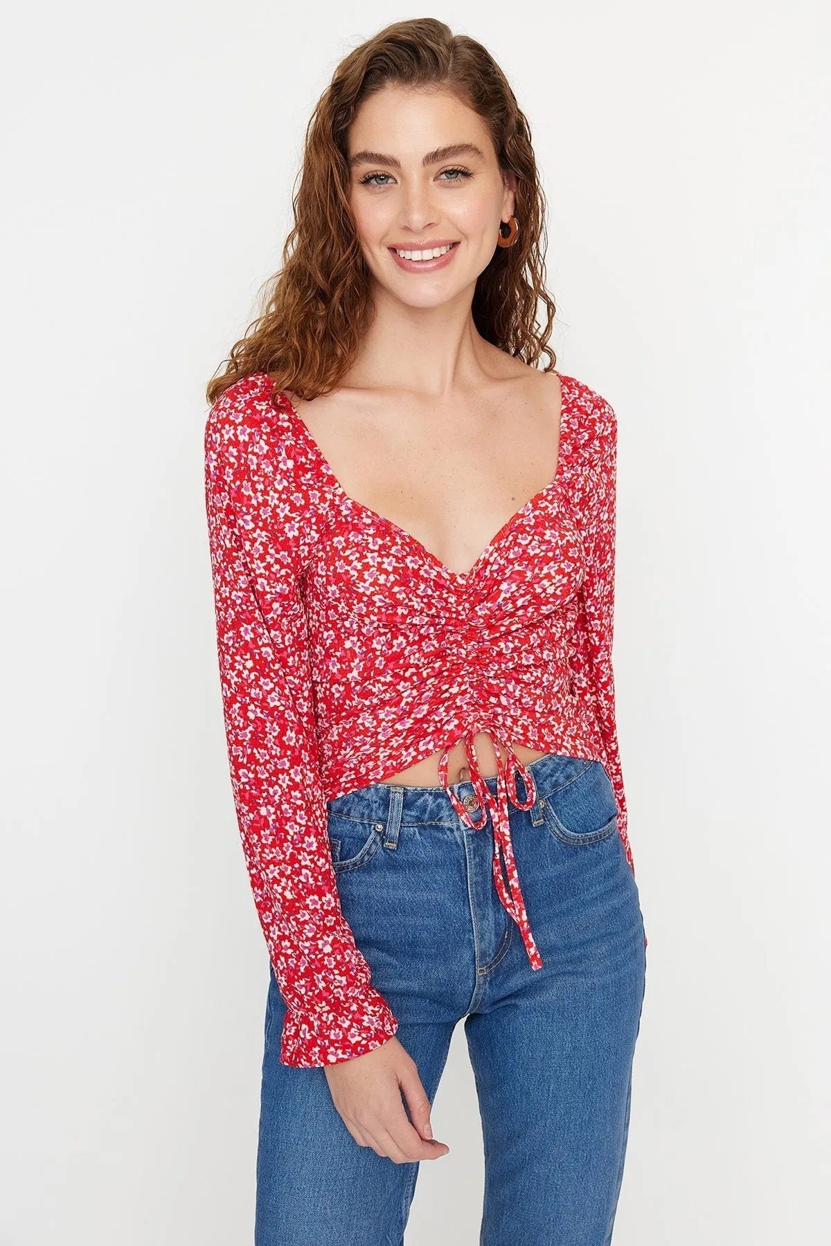 Red Floral Print Fitted/Fitted Balloon Sleeve Heart Collar Knitted Blouse