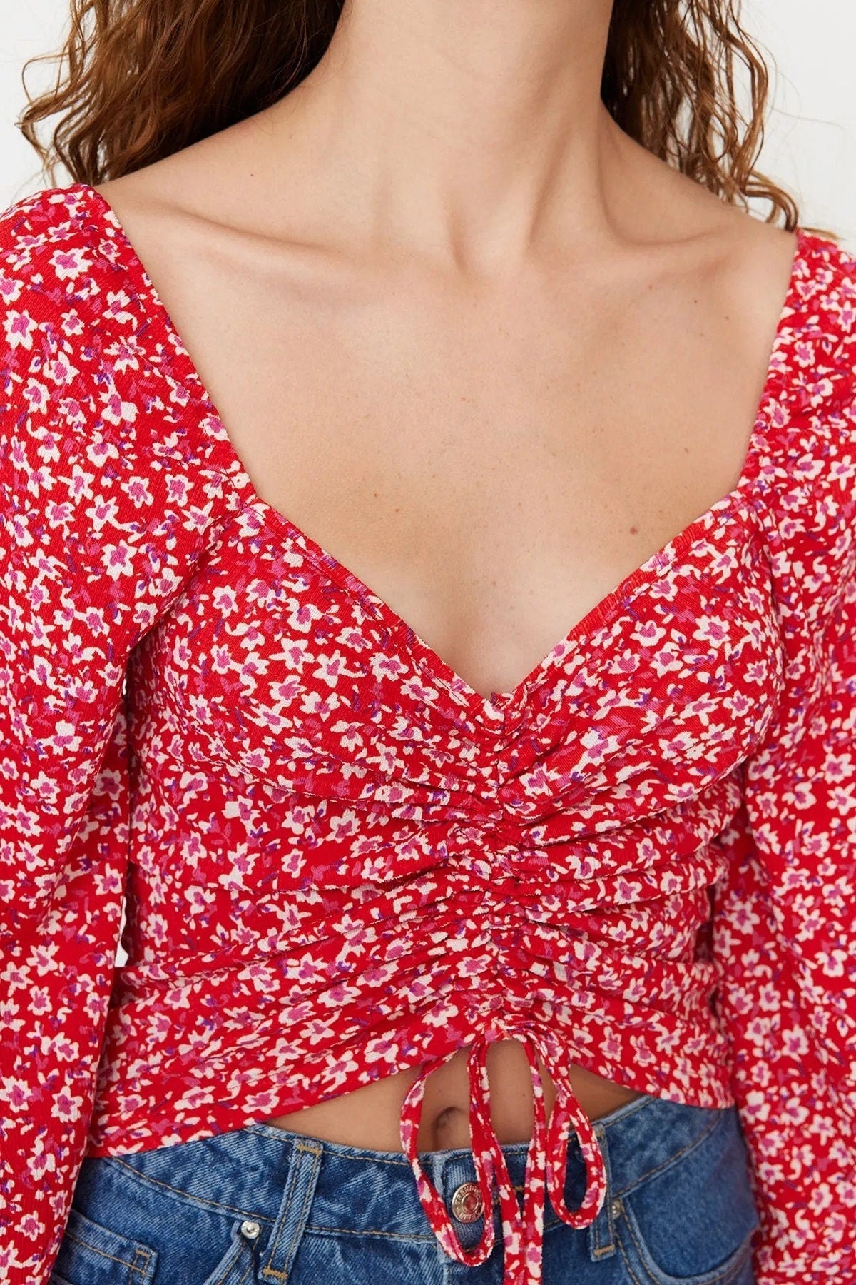 Red Floral Print Fitted/Fitted Balloon Sleeve Heart Collar Knitted Blouse