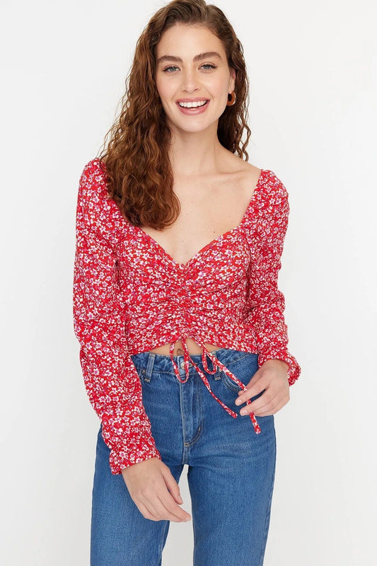 Red Floral Print Fitted/Fitted Balloon Sleeve Heart Collar Knitted Blouse