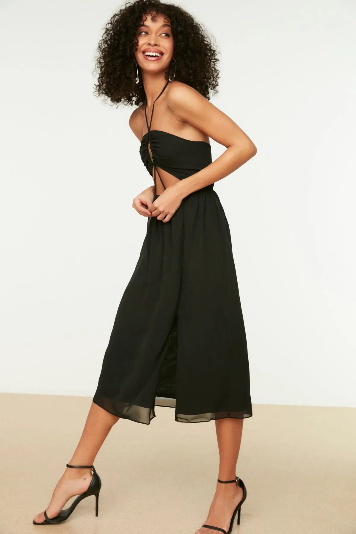 Black Open Back Chiffon Summer Dress with Side Slit