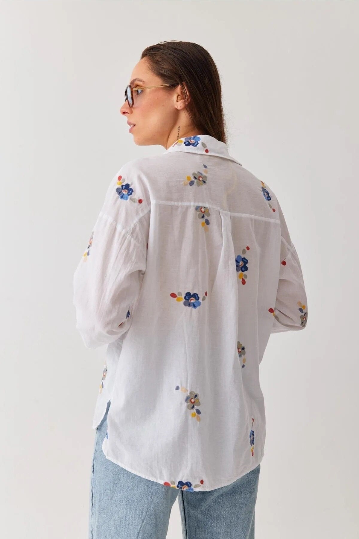 Floral Embroidered White 100% Cotton Blouse